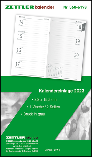 Kalender-Ersatzeinlage 2023 – für den Taschenplaner Leporello Typ 501 – 8,8 x 15,2 cm – 1 Monat auf 1 Seite – separates Adressheft – 501-6198