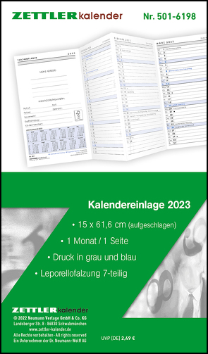 Kalender-Ersatzeinlage 2023 – für den Taschenplaner Leporello Typ 510 – 8,8 x 15,2 cm – 1 Monat auf 2 Seiten – separates Adressheft – 501-6198