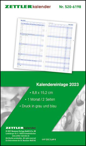 Kalender-Ersatzeinlage 2023 – für den Taschenplaner Typ 530 – 8,8×15,2 cm – 1 Monat auf 2 Seiten – Registerschnitt – separates Adressheft – Notizheft – 530-6198