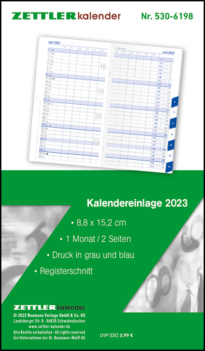 Kalender-Ersatzeinlage 2023 – für den Taschenplaner Typ 540 – 8,8×15,2 cm – 1 Woche auf 1 Seiten – separates Adressheft – faltbar – Notizheft – 520-6198
