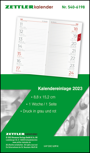 Kalender-Ersatzeinlage 2023 – für den Taschenplaner Typ 560 – 8,8×15,2 cm – 1 Woche auf 2 Seiten – separates Adressheft – Notizheft – 520-6198