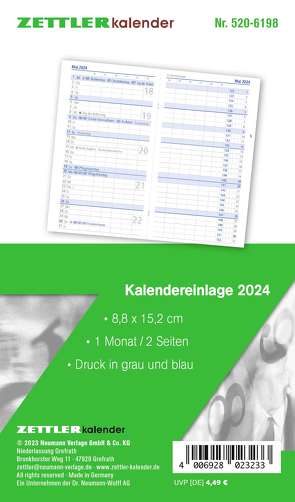 Kalender-Ersatzeinlage 2024 – für den Taschenplaner Typ 520 – 8,8×15,2 cm – 1 Monat auf 2 Seiten – separates Adressheft – faltbar – Notiz-Heft – 520-6198