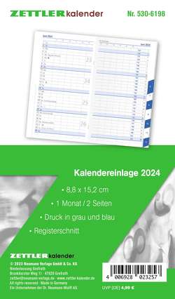 Kalender-Ersatzeinlage 2024 – für den Taschenplaner Typ 530 – 8,8×15,2 cm – 1 Monat auf 2 Seiten – Registerschnitt – separates Adressheft – Notizheft – 530-6198