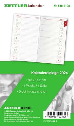 Kalender-Ersatzeinlage 2024 – für den Taschenplaner Typ 540 – 8,8×15,2 cm – 1 Woche auf 1 Seiten – separates Adressheft – faltbar – Notizheft – 520-6198