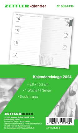 Kalender-Ersatzeinlage 2024 – für den Taschenplaner Typ 560 – 8,8×15,2 cm – 1 Woche auf 2 Seiten – separates Adressheft – Notizheft – 520-6198