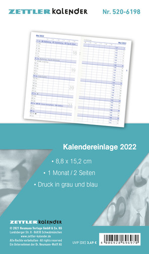 Kalender-Ersatzeinlage 2022 – für den Taschenplaner Typ 520 – 8,8×15,2 cm – 1 Monat auf 2 Seiten – separates Adressheft – faltbar – Notiz-Heft – 520-6198