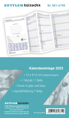 Kalender-Ersatzeinlage 2022 – für den Taschenplaner Leporello Typ 501 – 8,8 x 15,2 cm – 1 Monat auf 1 Seite – separates Adressheft – 501-6198