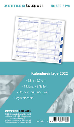 Kalender-Ersatzeinlage – für den Taschenplaner Typ 530 – 8,8×15,2 cm – 1 Monat auf 2 Seiten – Registerschnitt – separates Adressheft – Notizheft – 530-6198