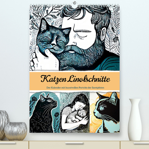 Katzen Linolschnitt – Der Kalender mit kunstvollen Porträts der Samtpfoten (hochwertiger Premium Wandkalender 2024 DIN A2 hoch), Kunstdruck in Hochglanz von Frost,  Anja