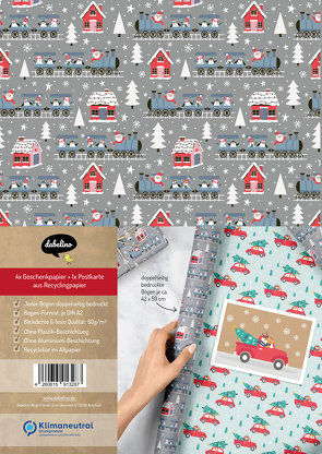 Kinder Geschenkpapier Set „Weihnachten/ Fahrzeuge“ mit Eisenbahn und Autos