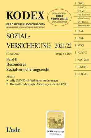 KODEX Sozialversicherung 2021/22, Band II von Brameshuber,  Elisabeth, Doralt,  Werner