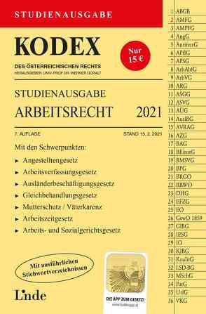 KODEX Studienausgabe Arbeitsrecht 2021 von Doralt,  Werner, Ercher-Lederer,  Gerda, Stech,  Edda