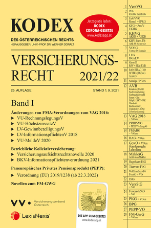 KODEX Versicherungsrecht Band I 2021/22 – inkl. App von Doralt,  Werner, Ramharter,  Martin