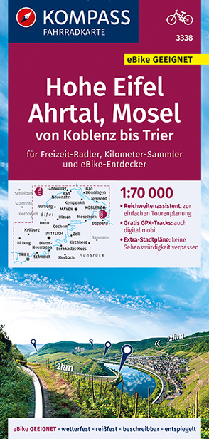 KOMPASS Fahrradkarte 3338 Hohe Eifel, Ahrtal, Mosel, von Koblenz bis Trier 1:70.000 von KOMPASS-Karten GmbH