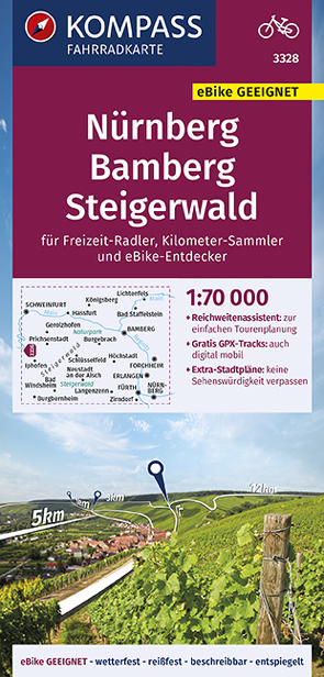 KOMPASS Fahrradkarte Nürnberg, Bamberg, Steigerwald 1:70.000, FK 3328 von KOMPASS-Karten GmbH