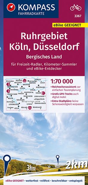 KOMPASS Fahrradkarte 3367 Ruhrgebiet, Köln, Düsseldorf, Bergisches Land 1:70.000 von KOMPASS-Karten GmbH