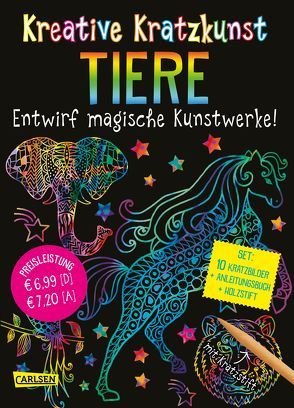 Kreative Kratzkunst: Tiere: Set mit 10 Kratzbildern, Anleitungsbuch und Holzstift von Poitier,  Anton