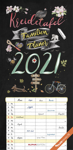 Kreidetafel Familienplaner 2021 – Familien-Timer 22×45 cm – mit Ferienterminen – 5 Spalten – Wand-Planer – mit vielen Zusatzinformationen – Alpha Edition