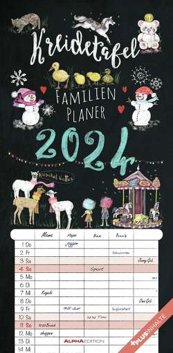 Kreidetafel Familienplaner 2024 – Familienkalender 22×45 cm – 5 Spalten – Kalender mit Ferienterminen und vielen Zusatzinformationen – Wandkalender