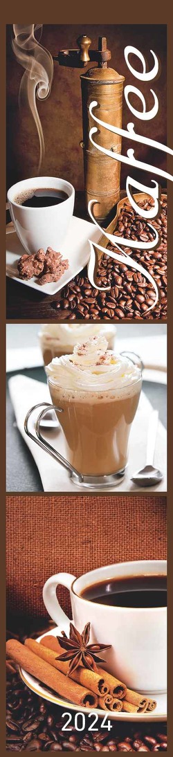 Küchenplaner Kaffee 2024 – Streifen-Kalender 11,3x49x5 cm – Kaffeekalender – mit leckeren Rezepten – Wandplaner – Küchenkalender – Alpha Edition