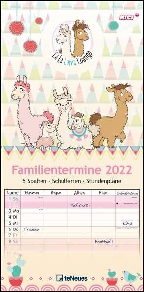 La La Lama Lounge Familienplaner 2022 – Familien-Timer – Termin-Planer – Kinder-Kalender – Familien-Kalender – 22×45