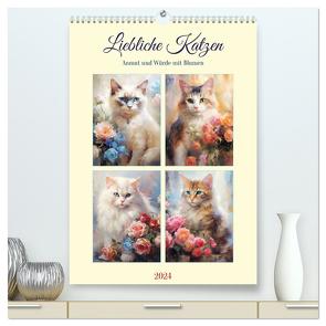 Liebliche Katzen. Anmut und Würde mit Blumen (hochwertiger Premium Wandkalender 2024 DIN A2 hoch), Kunstdruck in Hochglanz von Hurley,  Rose