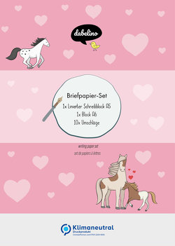 Liniertes Briefpapier-Set für Kinder: Pferde, Ponys (rosa mit Herzen, Mädchen)
