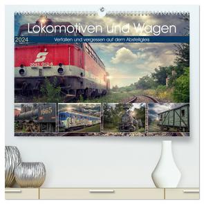 Lokomotiven und Wagen – Verfallen und vergessen auf dem Abstellgleis (hochwertiger Premium Wandkalender 2024 DIN A2 quer), Kunstdruck in Hochglanz von Felber,  Monika