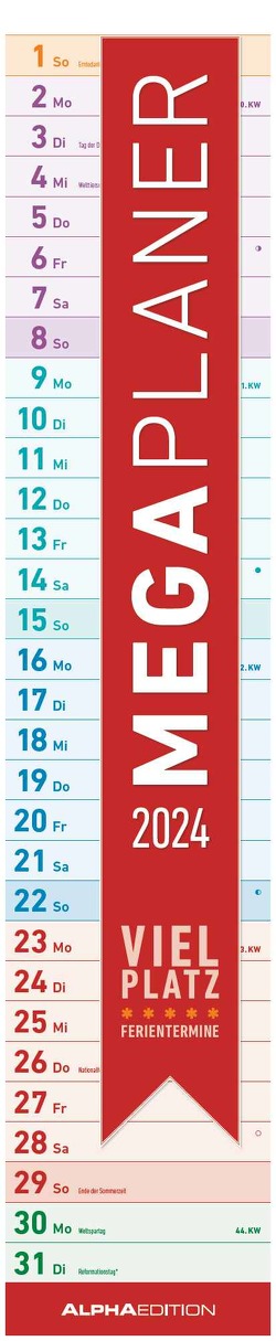Megaplaner 2024 – Streifen-Kalender 14,5×70 cm – mit Ferienterminen – viel Platz für Notizen – Wandplaner – Küchenkalender – Alpha Edition