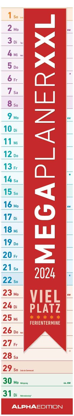 Megaplaner XXL 2024 – Streifen-Kalender 17,5×98 cm – mit Ferienterminen – viel Platz für Notizen – Wandplaner – Küchenkalender – Alpha Edition