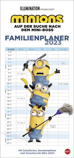 Minions Familienplaner 2023. Familienkalender mit 5 Spalten. Humorvoll illustrierter Familien-Wandkalender mit Schulferien und Stundenplänen. von Heye