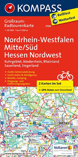 KOMPASS Großraum-Radtourenkarte 3706 Nordrhein-Westfalen Mitte/Süd, Hessen Nordwest 1:125.000 von KOMPASS-Karten GmbH