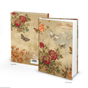 Notizbuch „Rosen Schmetterling“ beige rot floral (Hardcover A5, Blankoseiten)