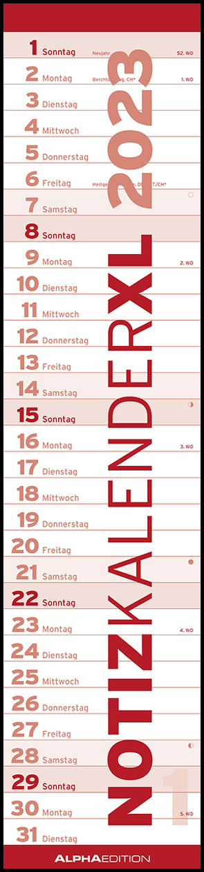 Notizkalender XL Rot 2023 – Streifenkalender 15×64 cm – Wandplaner – Küchenkalender – schmales Design – eine Spalte – Langplaner