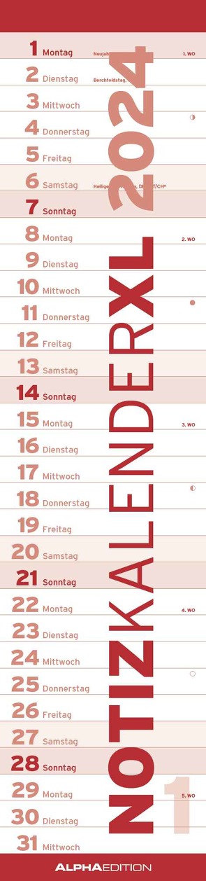 Notizkalender XL Rot 2024 – Streifenkalender 15×64 cm – Wandplaner – Küchenkalender – schmales Design – eine Spalte – Langplaner