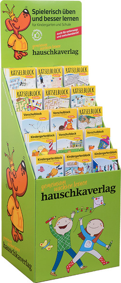 Paket „Spielerisch fördern, mit Spaß üben und rätseln“ im Bodendisplay von Hauschka Verlag