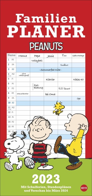 Peanuts Familienplaner 2023. Familienkalender mit 5 Spalten. Humorvoll illustrierter Familien-Wandkalender mit Snoopy, Charlie Brown und Co. von Heye