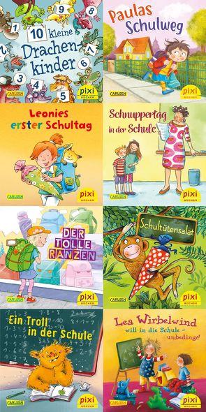 Pixi-Box 257: Pixi kommt in die Schule (8×8 Exemplare) von Bayer,  Michael, Bones,  Antje, Bußhoff,  Katharina, Diestel,  Dörte, Dölling,  Beate, Gotzen-Beek,  Betina, Hasselmann,  Wiebke, Hennig,  Dirk, Kratzke,  Daniel, Laget,  Didier, Legien,  Sabine, Merz,  Christine, Paulsen,  Rüdiger, Rahlff,  Ruth, Tust,  Dorothea