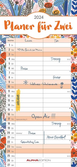 Planer für 2 Flowers 2024 – Familienplaner 16×34,5 cm – Wandkalender – Streifenkalender – Platz für Notizen – bunt – Farben – Alpha Edition