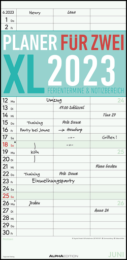 Planer für 2 XL 2023 mit 3 Spalten – Familien-Timer 22×45 cm – Offset-Papier – mit Ferienterminen – Wand-Planer – Familienkalender – Alpha Edition