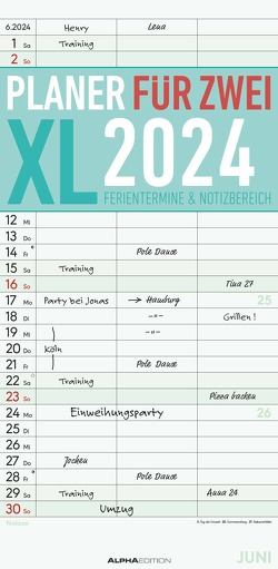 Planer für 2 XL 2024 mit 3 Spalten – Familien-Timer 22×45 cm – Offset-Papier – mit Ferienterminen – Wand-Planer – Familienkalender – Alpha Edition