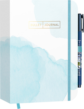 Pocket Bullet Journal „Watercolor Blue“ mit Original Tombow Brush Pen Fudenosuke in schwarz