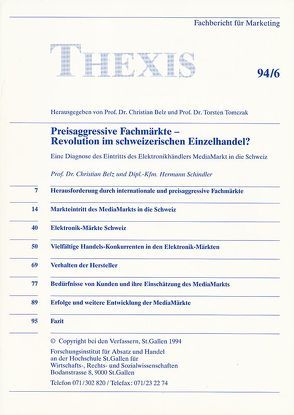 Preisaggressive Fachmärkte – Revolution im schweizerischen Einzelhandel? von Belz,  Christian, Schindler,  Hermann, Tomczak,  Torsten