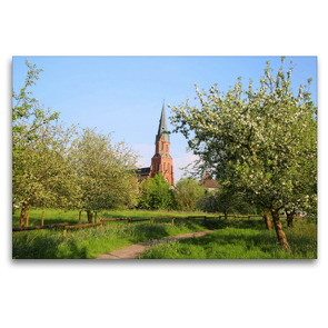 Premium Textil-Leinwand 120 x 80 cm Quer-Format Blühender Apfelgarten in Burhave mit der St. Petri-Kirche | Wandbild, HD-Bild auf Keilrahmen, Fertigbild auf hochwertigem Vlies, Leinwanddruck von Steffani Lehmann