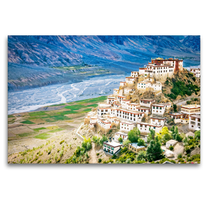 Premium Textil-Leinwand 120 x 80 cm Quer-Format Das hochgelegene tibetisch-buddhistisches Kloster Ki Gompa am Spiti-Fluss | Wandbild, HD-Bild auf Keilrahmen, Fertigbild auf hochwertigem Vlies, Leinwanddruck von CALVENDO
