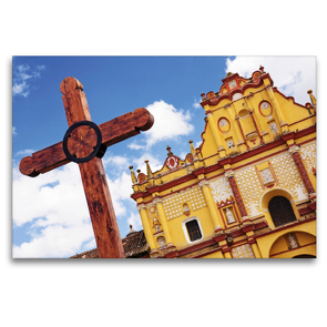 Premium Textil-Leinwand 120 x 80 cm Quer-Format Ein Holzkreuz vor der Kathedrale San Cristobal de las Casas | Wandbild, HD-Bild auf Keilrahmen, Fertigbild auf hochwertigem Vlies, Leinwanddruck von CALVENDO