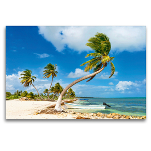 Premium Textil-Leinwand 120 x 80 cm Quer-Format Ein kleines Boot ankert vor einem traumhaften Palmenstrand an der Costa Maya | Wandbild, HD-Bild auf Keilrahmen, Fertigbild auf hochwertigem Vlies, Leinwanddruck von CALVENDO