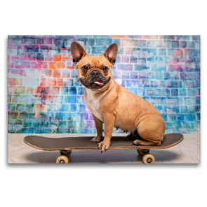 Premium Textil-Leinwand 120 x 80 cm Quer-Format Franz. Bulldogge auf Skateboard | Wandbild, HD-Bild auf Keilrahmen, Fertigbild auf hochwertigem Vlies, Leinwanddruck von Sonja Teßen