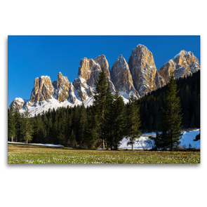 Premium Textil-Leinwand 120 x 80 cm Quer-Format Frühling auf der Zanser Alm und den mächtigen Gipfeln der Geislergruppe in den Dolomiten Südtirols | Wandbild, HD-Bild auf Keilrahmen, Fertigbild auf hochwertigem Vlies, Leinwanddruck von Martin Zwick