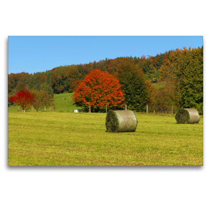 Premium Textil-Leinwand 120 x 80 cm Quer-Format Heuballen auf einem herbstlichen Feld | Wandbild, HD-Bild auf Keilrahmen, Fertigbild auf hochwertigem Vlies, Leinwanddruck von Alexandra Kurz